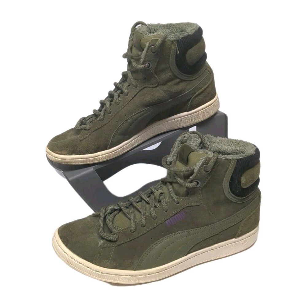 Puma Vikky Leather High Tops Sneakers Women 7 Ankle Faux Fur  Olive Green